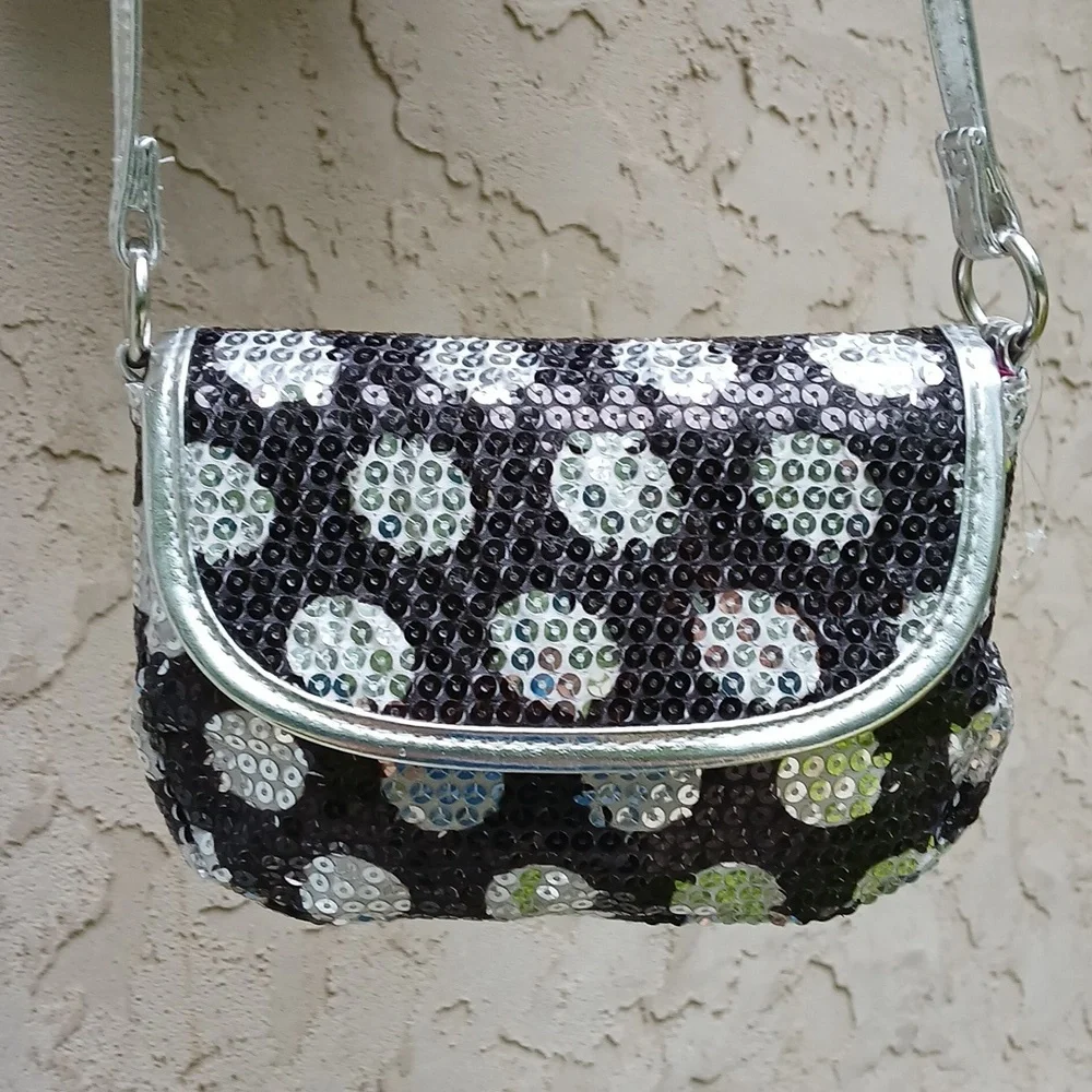 Girls Sequin Crossbody Bag - Black and Silver Polka Dot NWOT